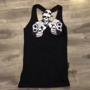 Rockabilly skull in fedora with guns patched back black tank top Womens medium